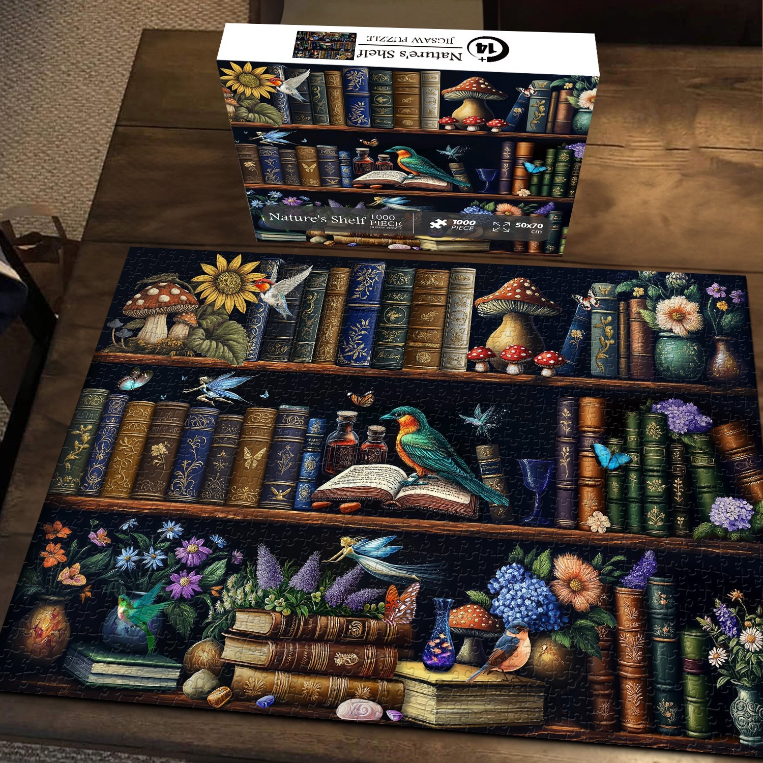 Pezzi di puzzle sugli scaffali della natura 1000 pezzi