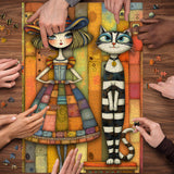 Rompecabezas de niña y gato a rayas de patchwork, 1000 piezas