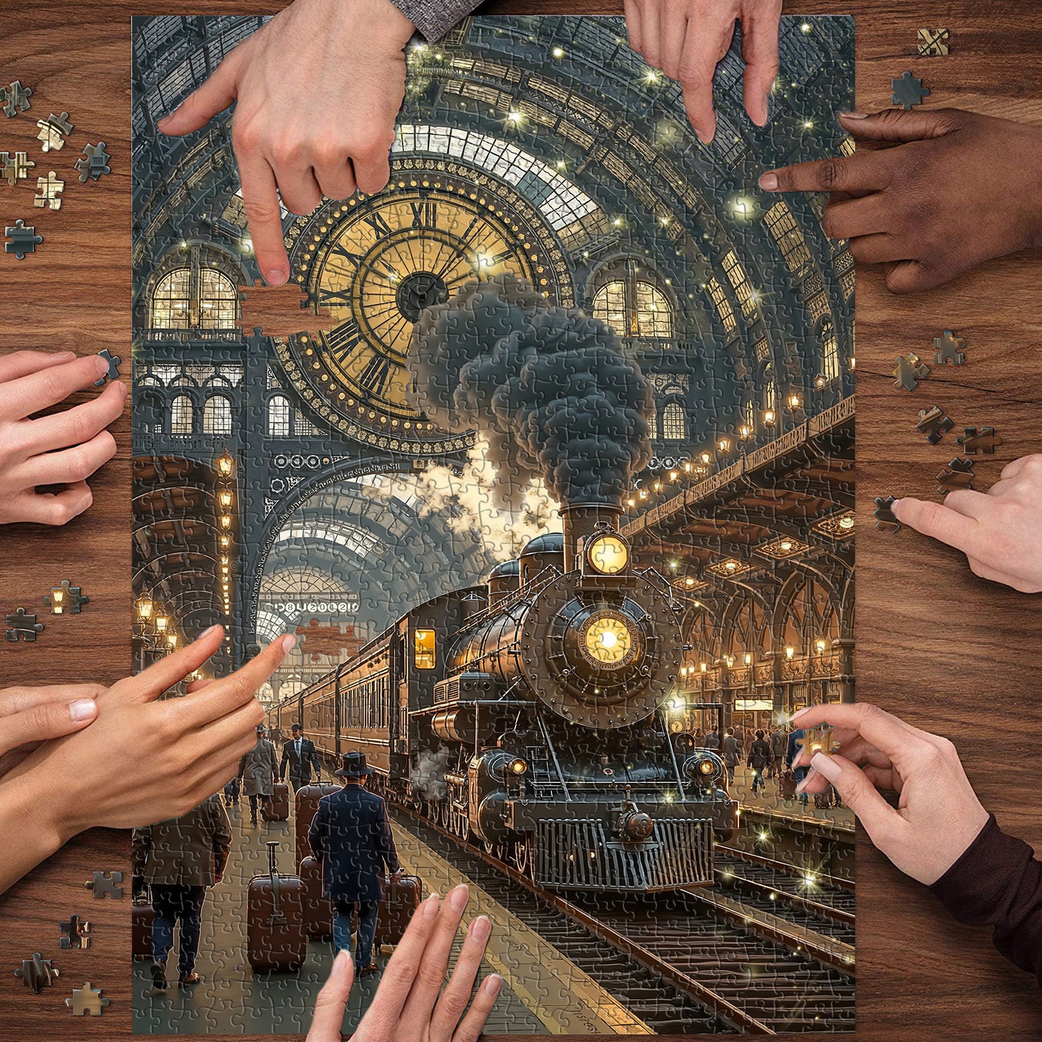 thumbnail image 2 of Aazon.co: PICKFORU Travel Book Puzzles For Adults 1000 Pieces, Vintage Train Clock Jigsaw 2 of 11